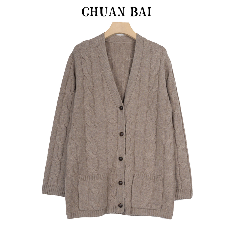 【川白】时尚百搭纯色V领绞花轻奢中长款针织开衫-1056