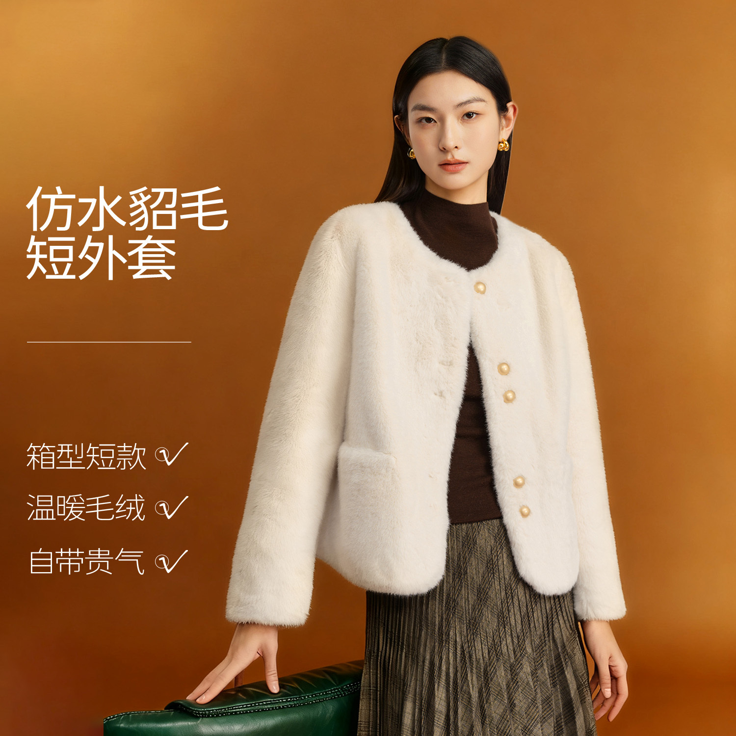 【上新】伊芙丽小香风仿水貂皮草金属扣气质秋冬白色外套1FA912731