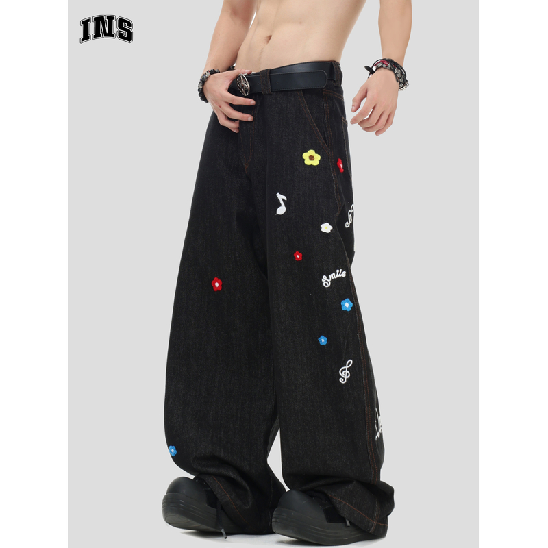 INSstudios 国潮牌美式复古小花刺绣牛仔裤宽松阔腿直筒长裤子男