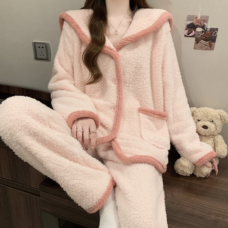 DW【初柚】半边绒睡衣秋冬季新款加绒加厚连体睡衣冬舒适家居服保暖