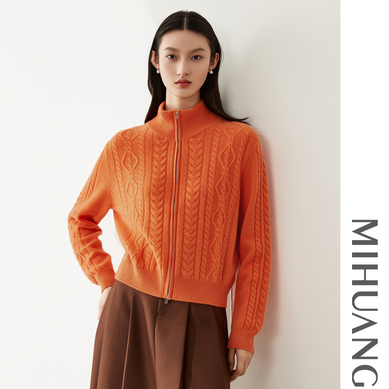 秋冬新款翻领厚款宽松慵懒拉链羊绒开衫552181