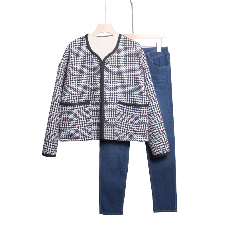 千鸟格外套V领小香风短款黑白格纹秋冬上衣4008时尚秋季冬季女士