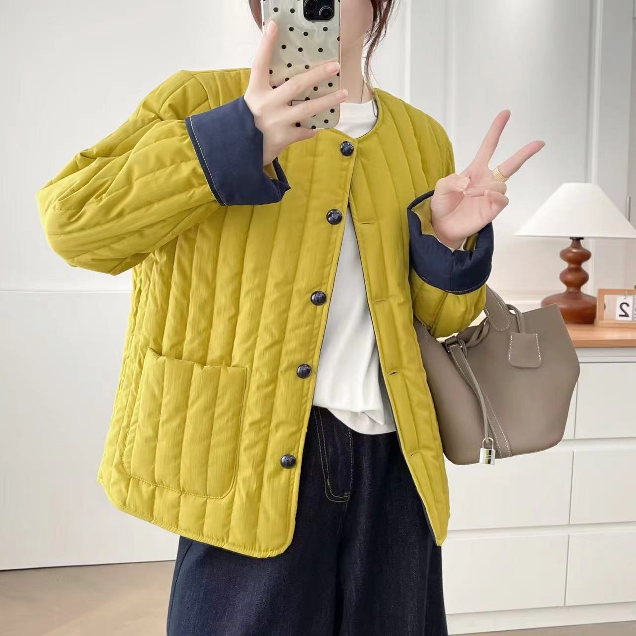 女拼色休闲棉服棉衣宽松保暖棉袄时尚长袖