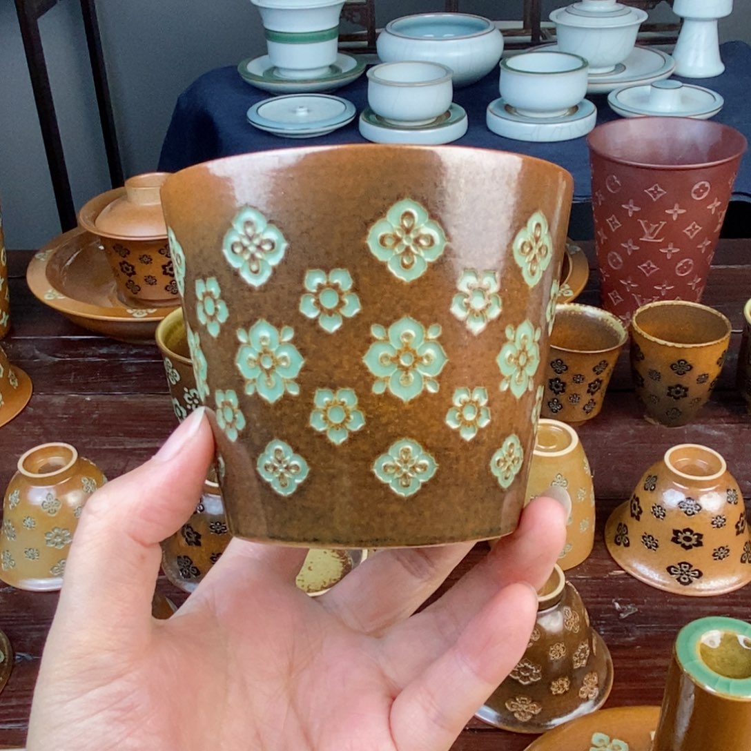 朱砂胎草木灰宝相花纹 可乐杯 牛奶杯 