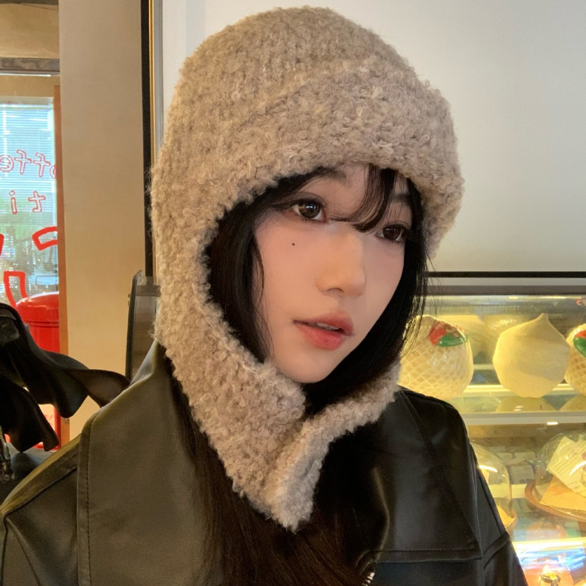 panruoyue韩国设计师针织圈圈羊毛可爱飞行帽秋冬护耳保暖毛线帽
