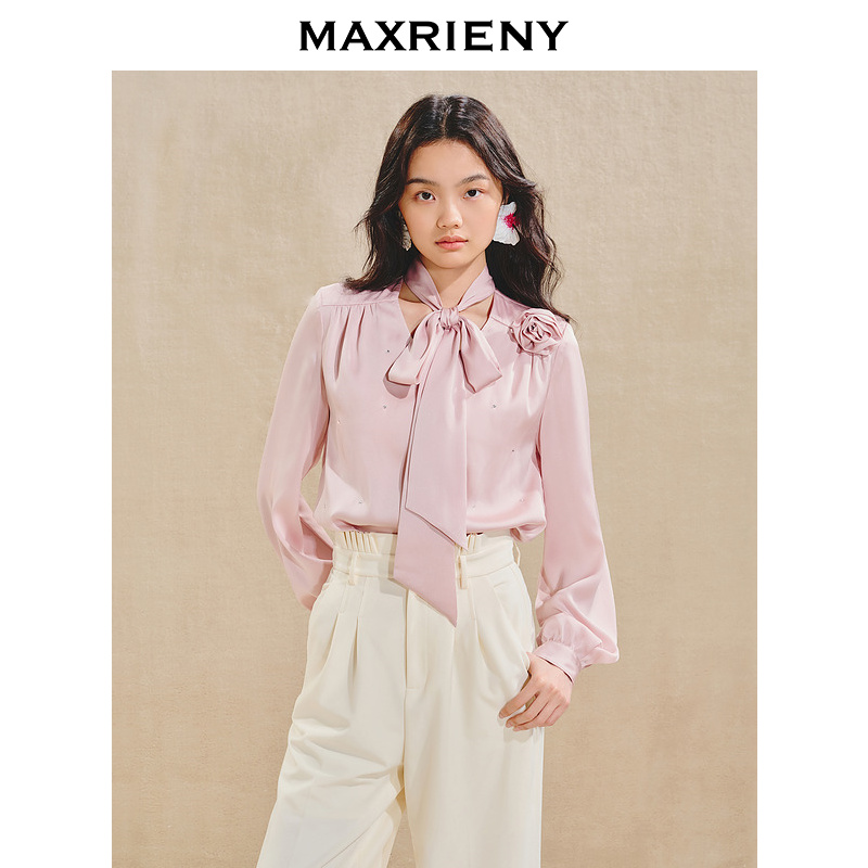 【达人专属】MAXRIENY慵懒风缎面衬衫女立体玫瑰装饰上衣