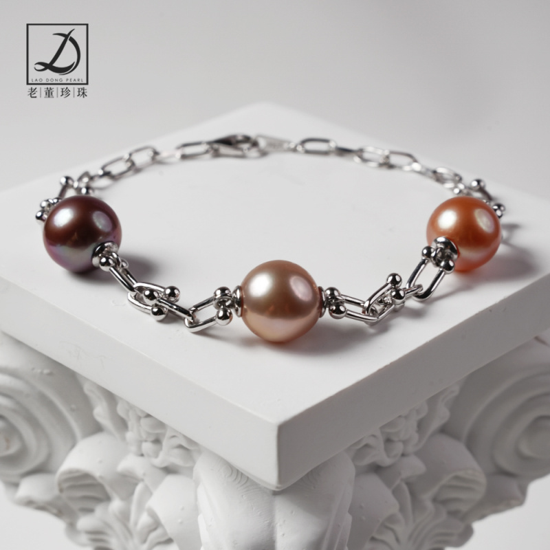 混彩渐变色S925银10-11mm珍珠手链