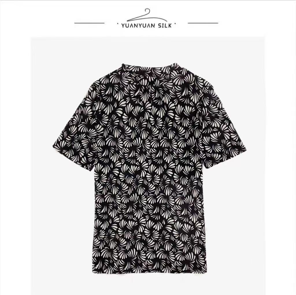 Y 【印花上新】100%桑蚕丝高端修身气质时尚简约设计感圆领上衣sy37