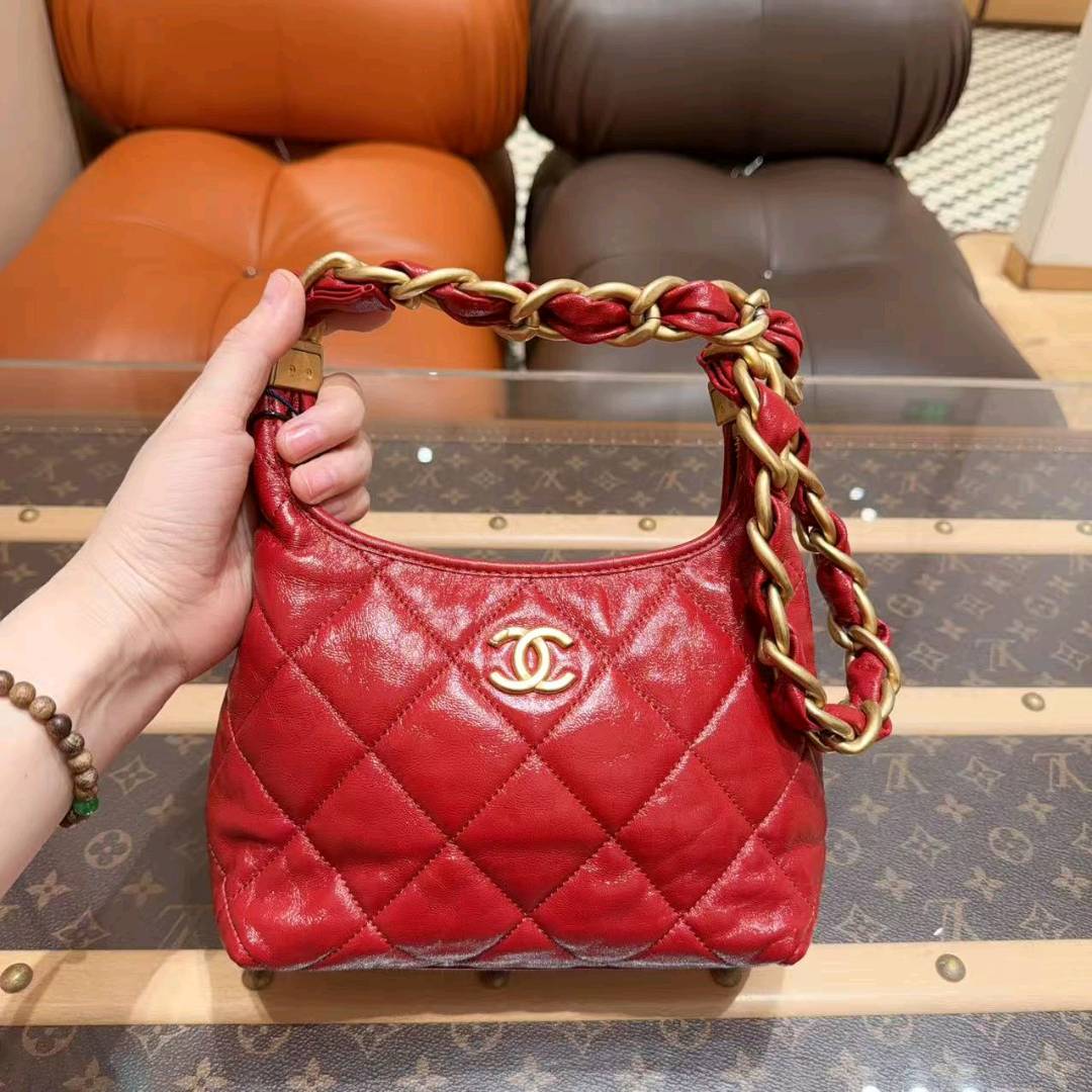 99新 Chanel/香奈儿 25A红色小号粗链条 hobo腋下包/箱包/单肩