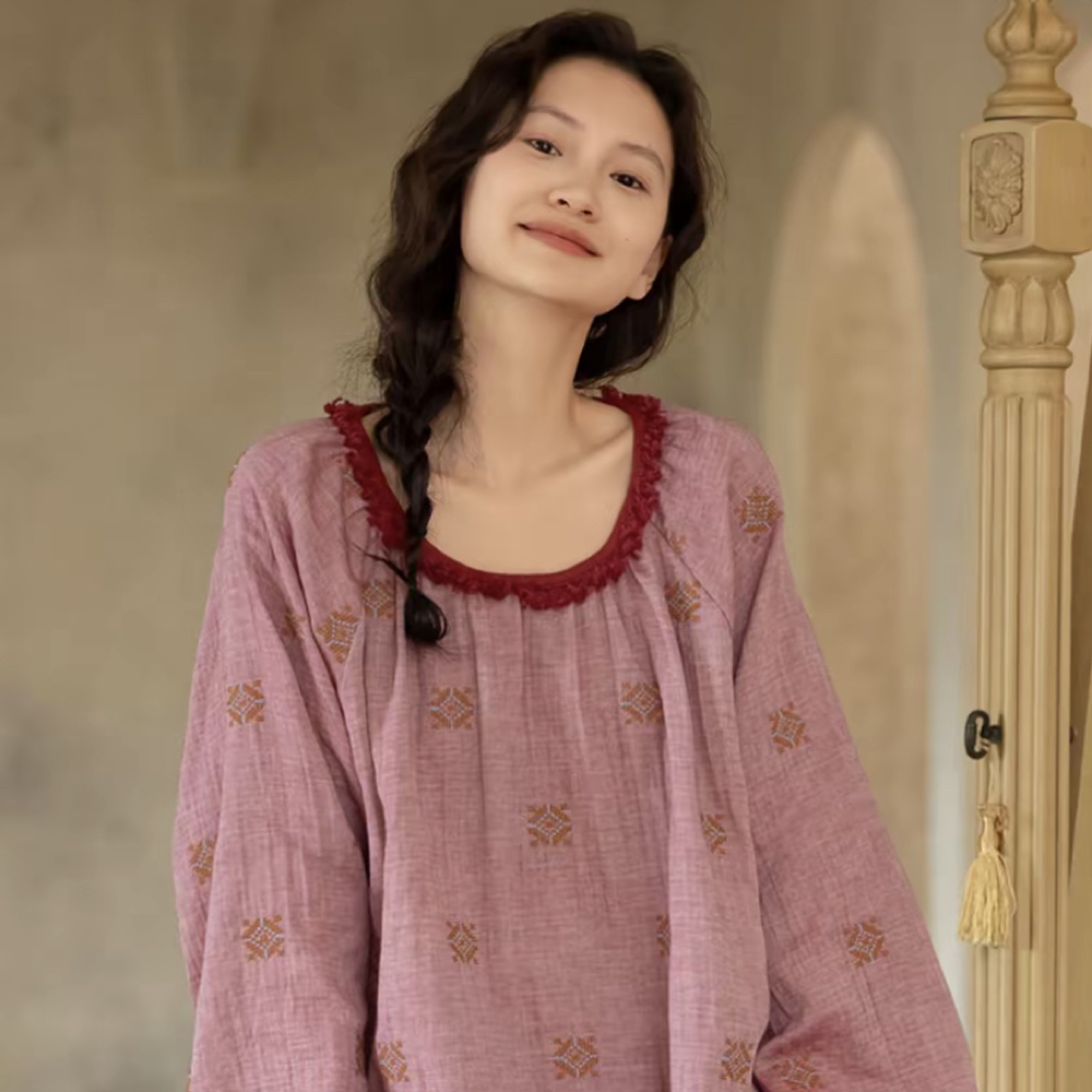 皇子精选｜女士纯棉纱布刺绣透气宽松长袖睡衣套装