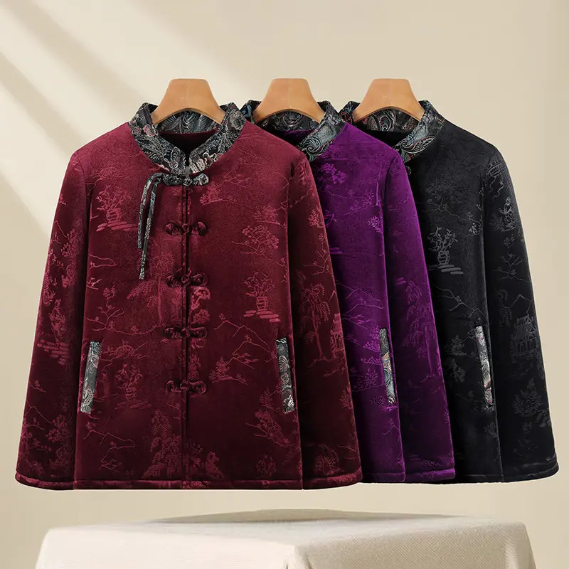 B303女秋冬加绒新中式棉袄妈妈装加肥加大码冬季保暖立领棉袄轻厚