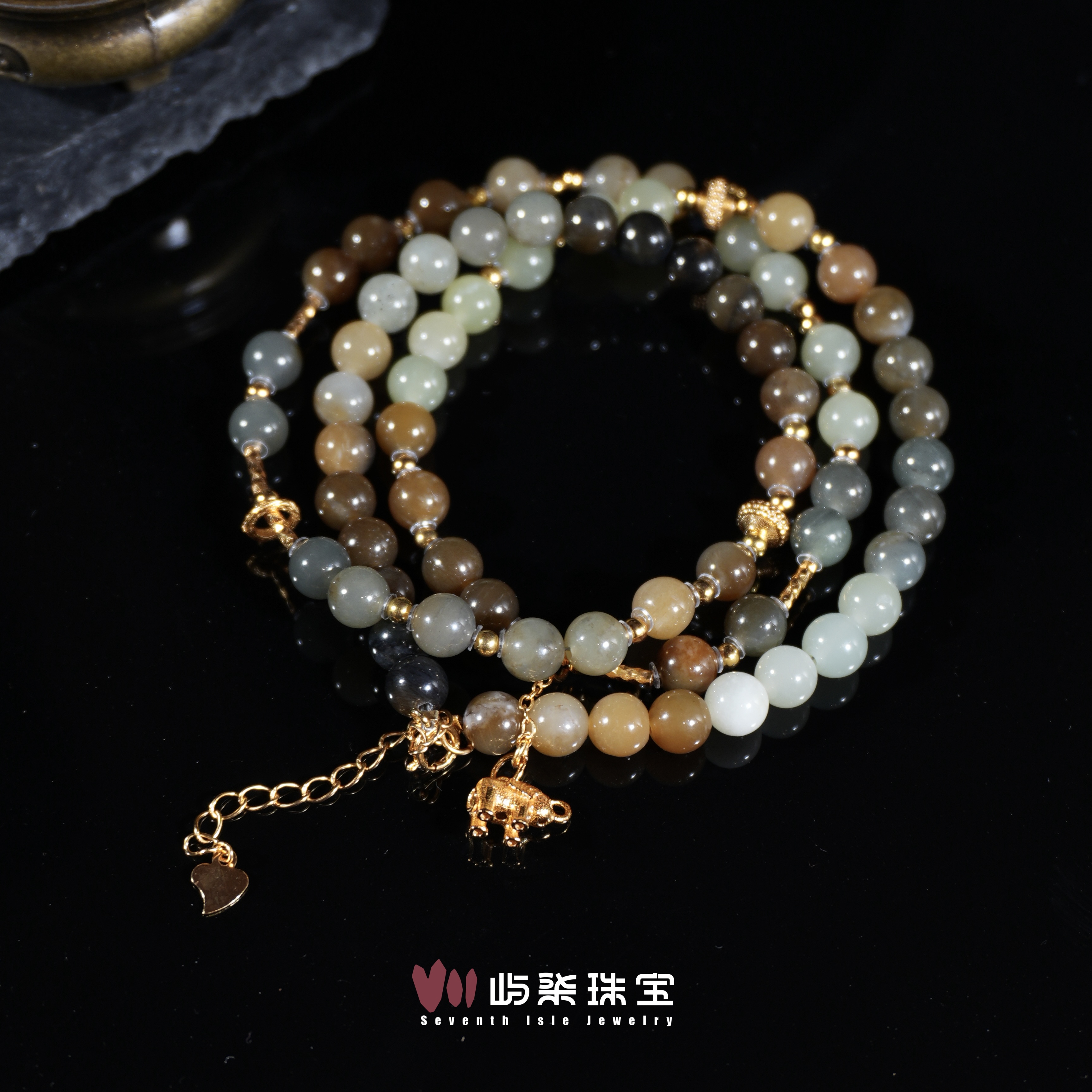 A141 和田玉银925镶嵌 楼兰多色6mm+银配小象提溜项链防跑