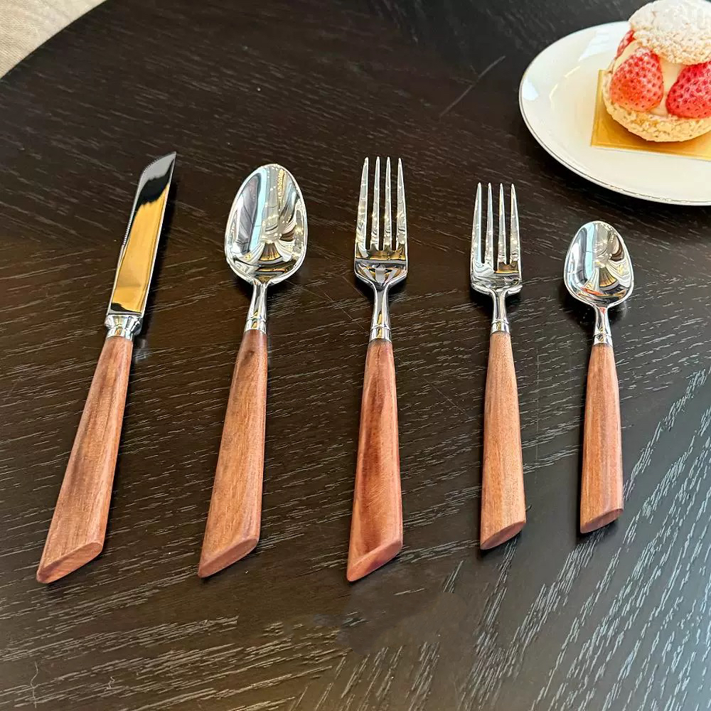 红贵宝木勺子高颜值木柄304不锈钢餐勺饭勺汤勺高级感主餐刀叉