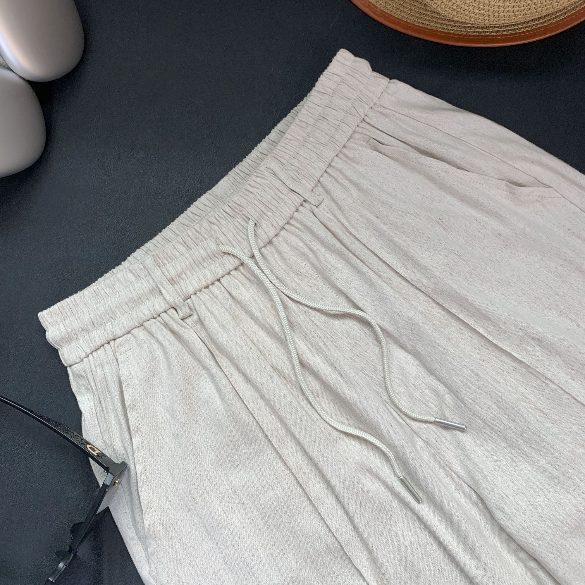 LL 25年夏季法国雨露麻直筒百褶休闲长裤