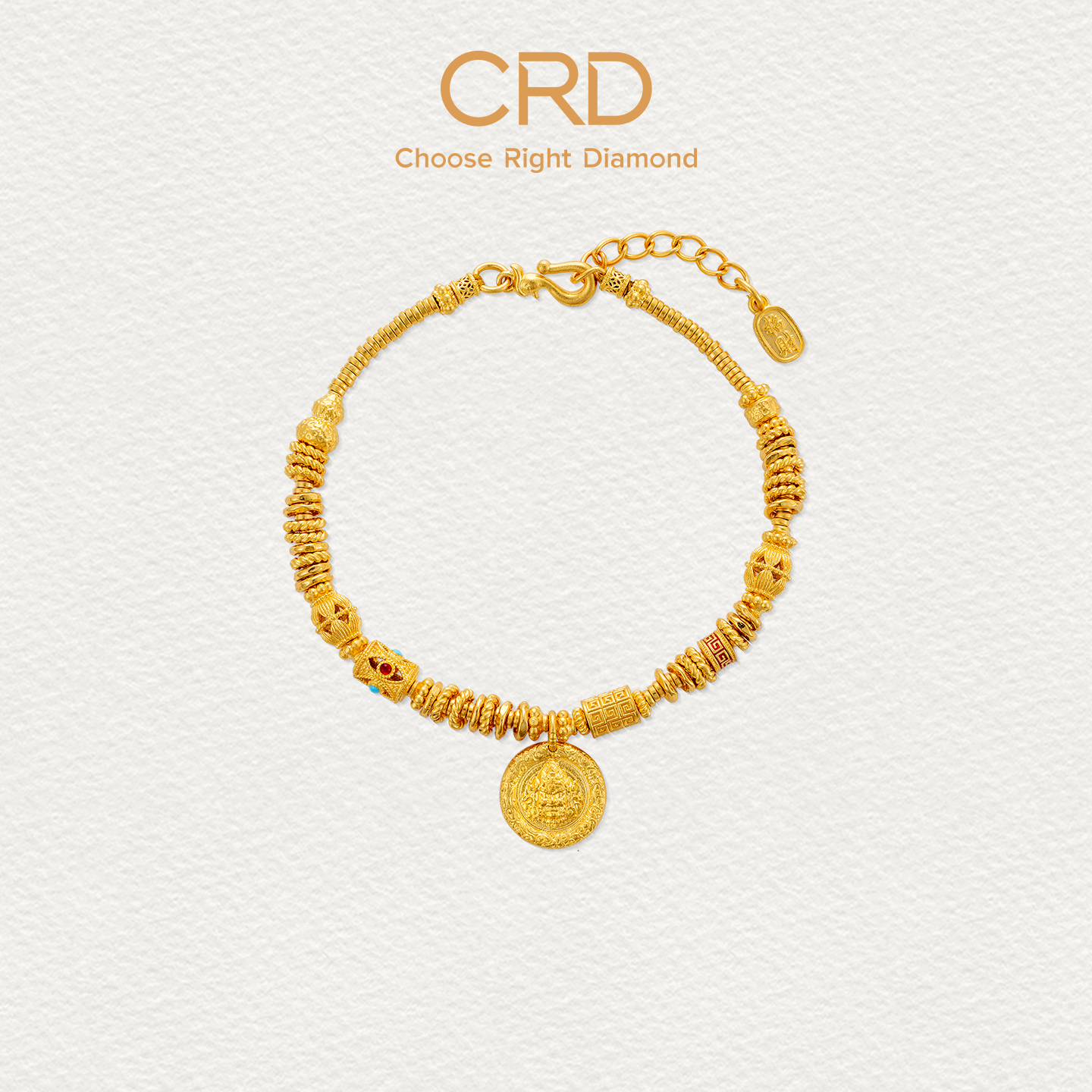 CRD克徕帝黄财神黄金手链足金999盘缠鎏彩金珠手串三金五金送礼