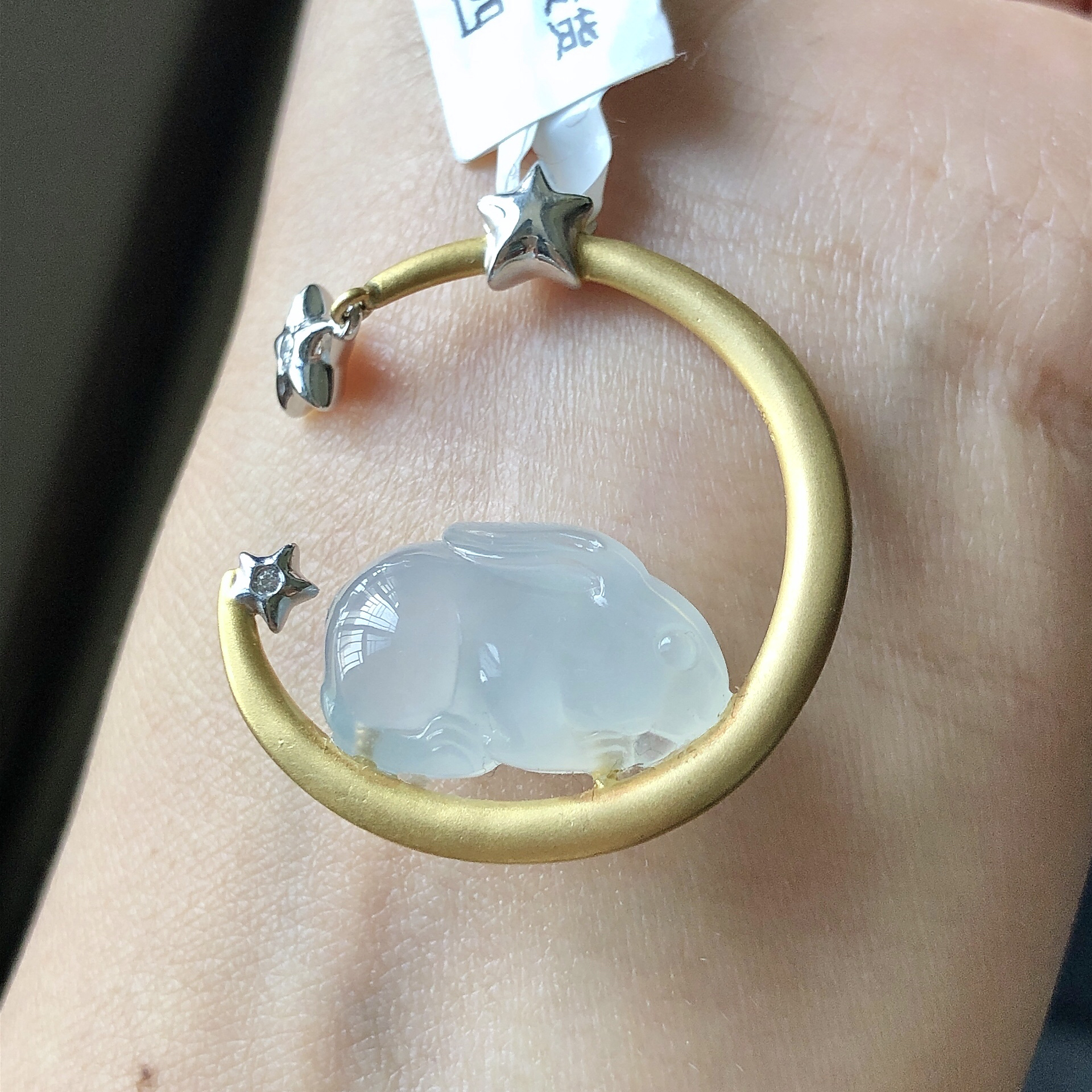 缅甸天然A货翡翠18k金镶嵌老坑冰种玉兔吊坠尺寸33.2/27.4/7.2