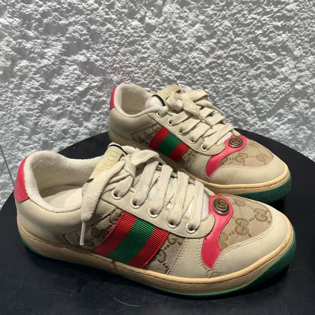 95新 GUCCI/古驰 36.5码/米亚/ 灰粉色印花经典百搭脏脏鞋 wsp241