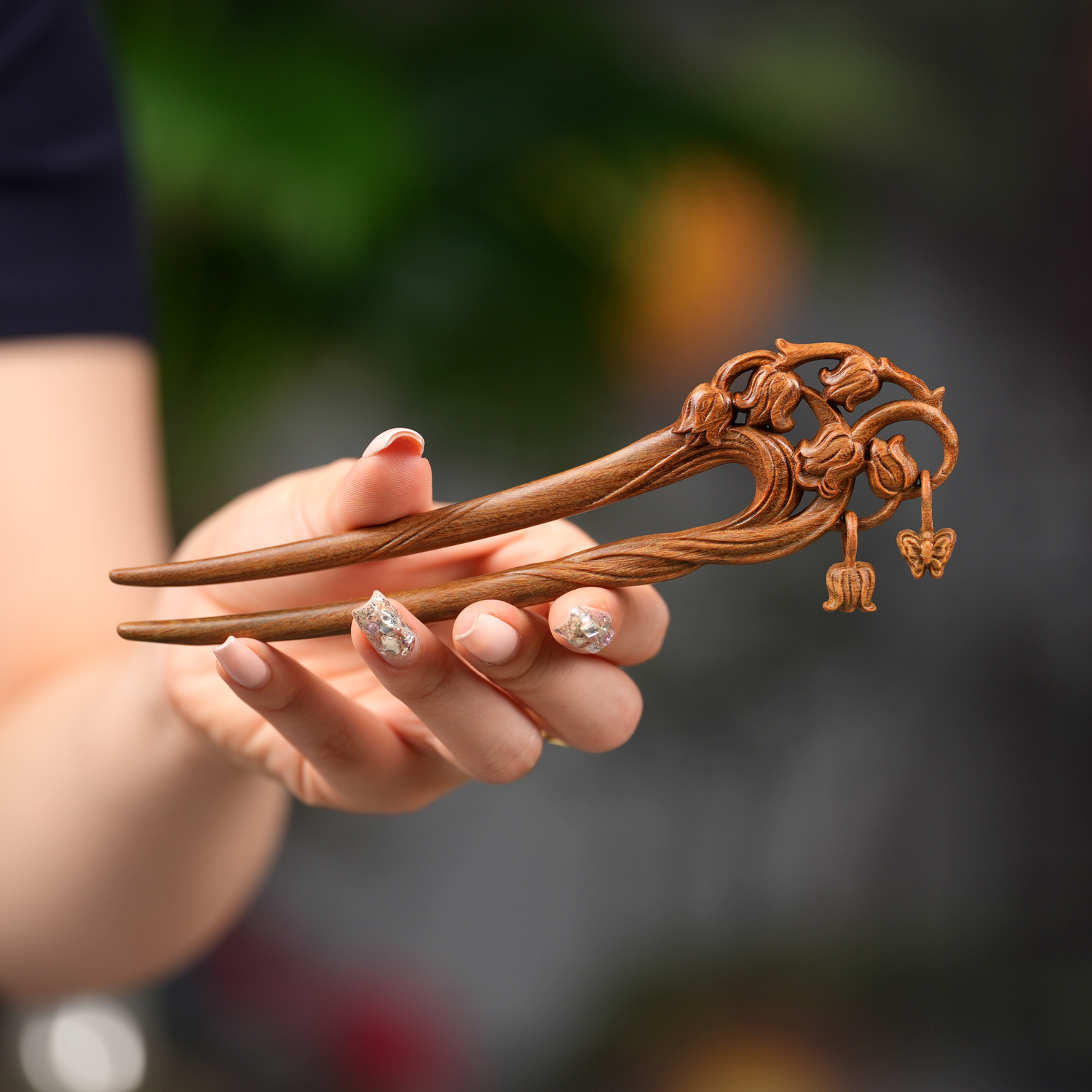 原创铃兰花发簪新中式绿檀木步摇簪子女古风U形发钗精致头饰发饰