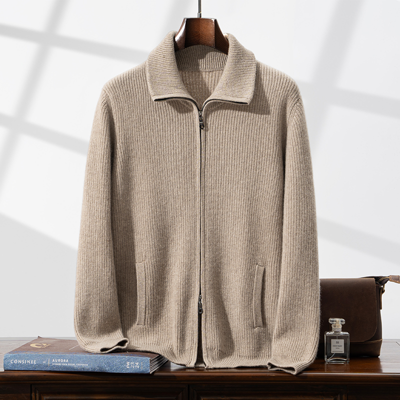 100%纯山羊绒男士翻领元宝针加厚开衫双拉链商务休闲外套650g