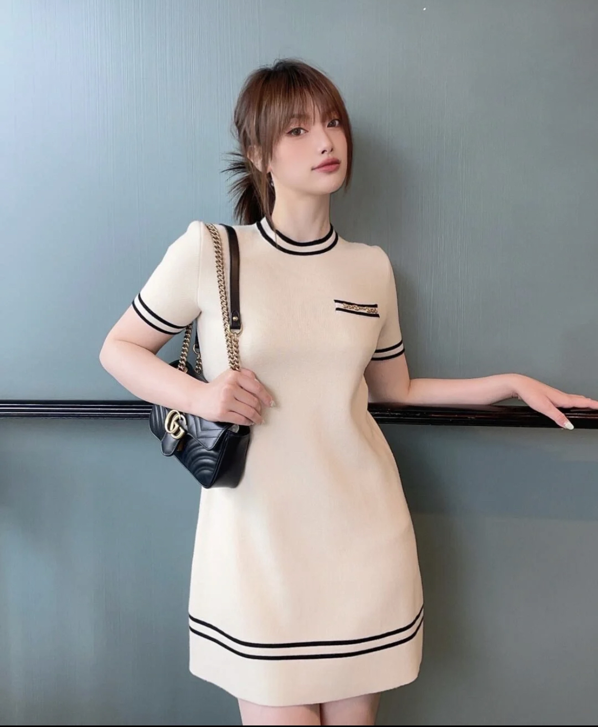 95新 GUCCI/古驰 gg104 棉 米色黑条纹圆领套头针织短袖连衣裙 XS