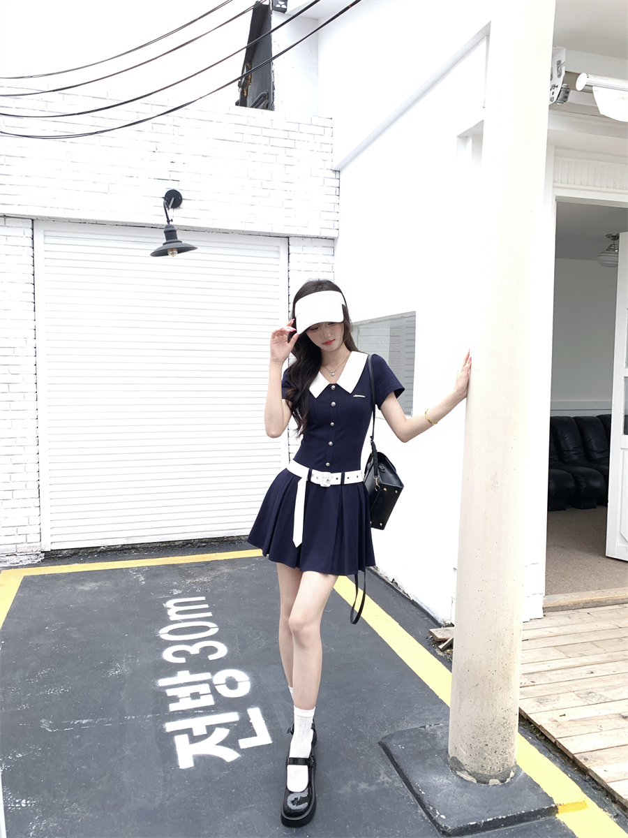 越韩小鱼 初识 学院风polo领连衣裙夏季高知美式运动少女百褶裙