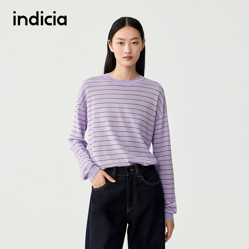 indicia标记商场同款25秋新款圆领条纹套头老钱风长袖F2C5ZZ359F