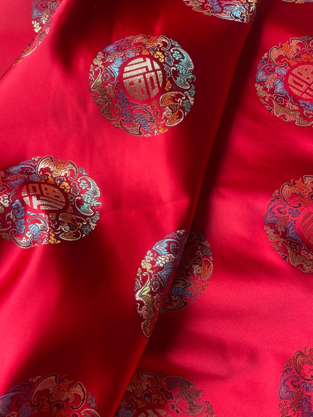 中国风五福团织锦缎布料红布丝绸用于喜庆背景装饰及（115幅宽）