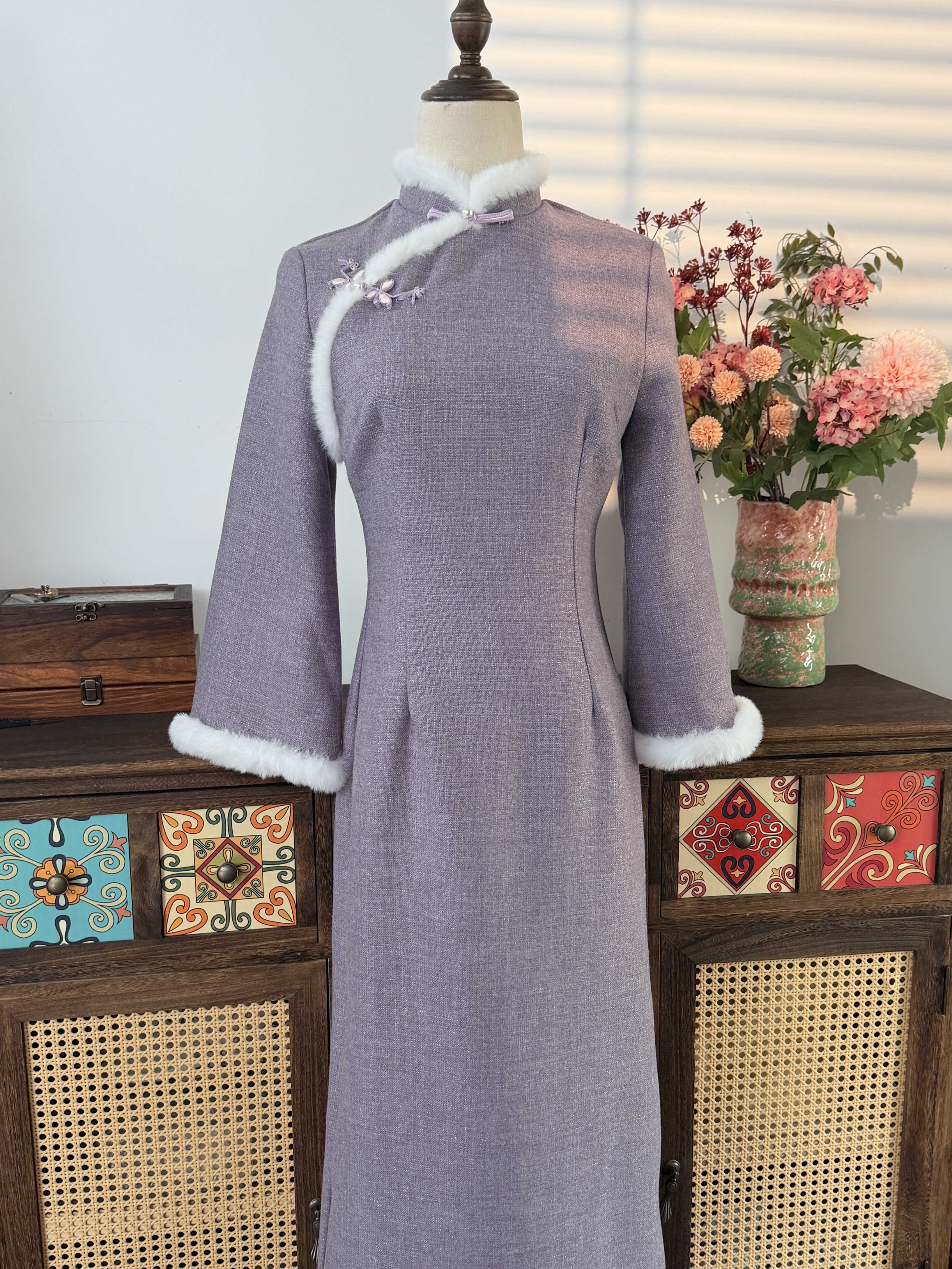 锦笙 |云垂紫125cm改良新中式立领加绒保暖长款古典温婉旗袍