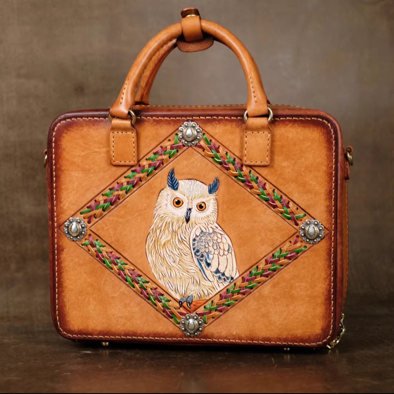 【双面猫头鹰手拎单肩包】皮雕双面猫头鹰