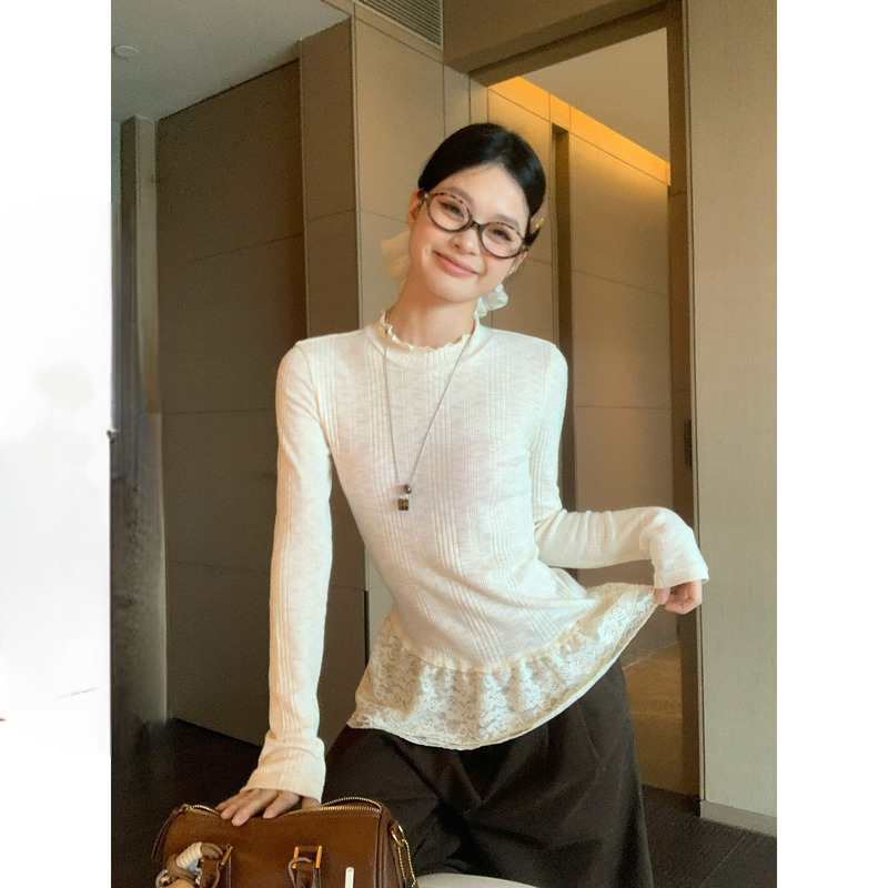 韩系木耳边半高领长袖T恤女秋冬设计感蕾丝花边下摆修身打底上衣