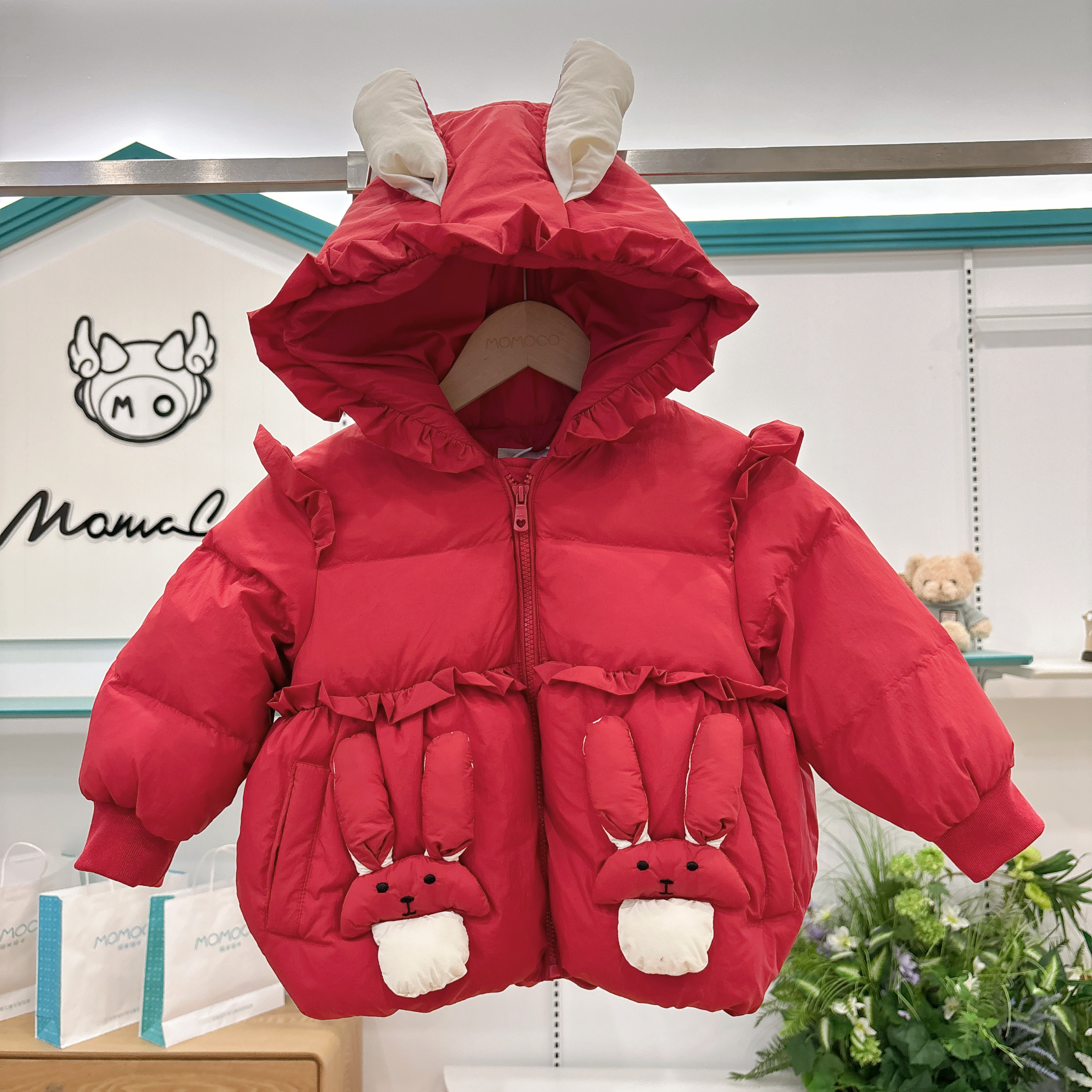 MOMOCO冬季新款女童甜美洋气时尚兔子连帽羽绒服外套77880102026