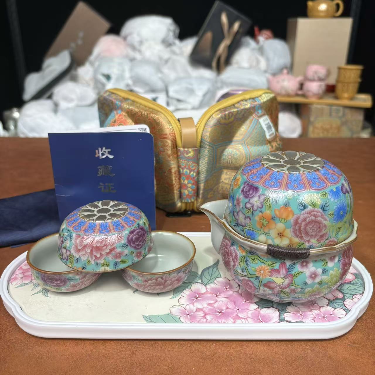 ZH4154-富贵牡丹宝瓶壶旅行茶具一壶四杯(带包)+茶盘