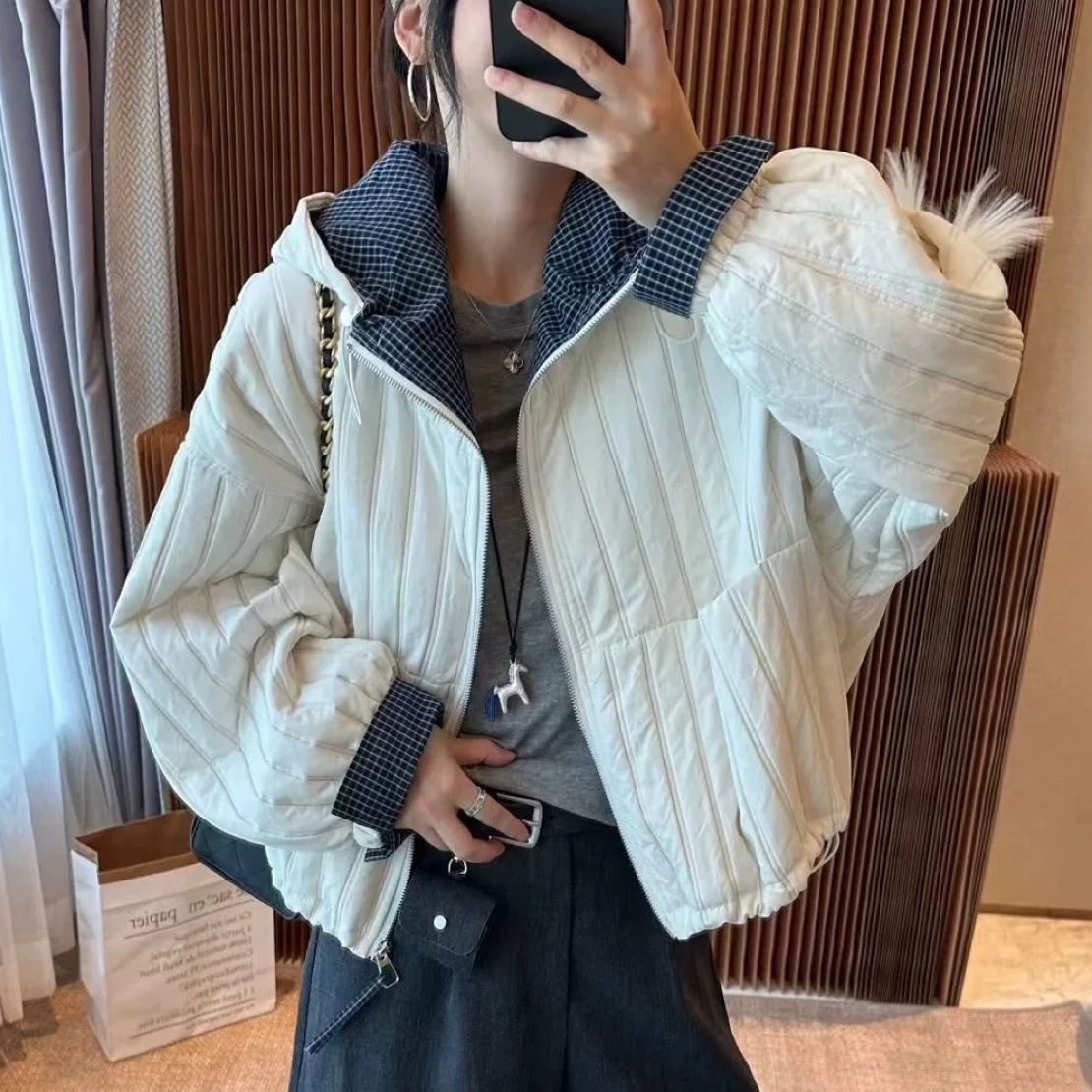 韩系简约连帽拼色轻薄棉服外套女2025秋冬新款气质百搭小个子上衣