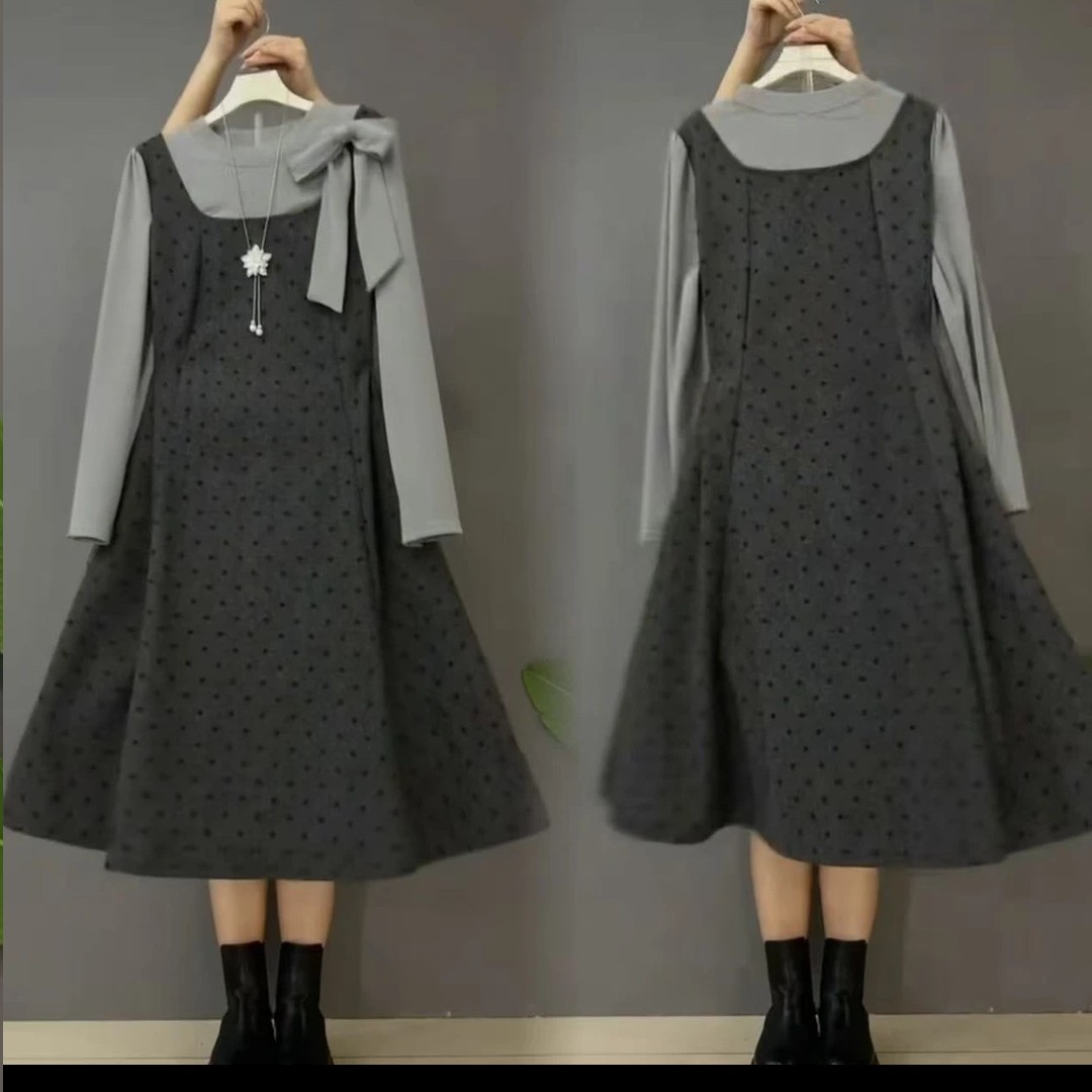 《大亭家》学院风波点假两件蝴蝶结连衣裙适合秋冬季