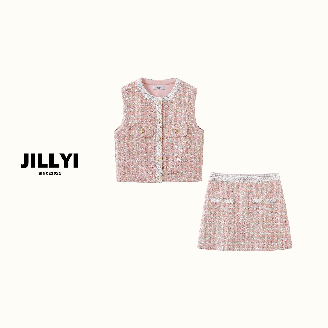 JILLYI南山店【樱花雨】橘粉色圆领亮丝马甲+橘粉色亮丝半裙套装