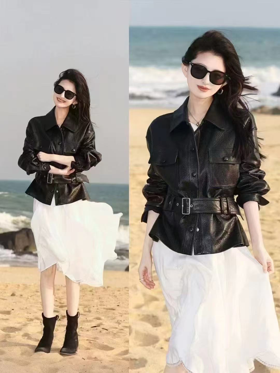 春季落肩袖长袖短款复古港风皮u上衣夹克秋季女装翻领洋气