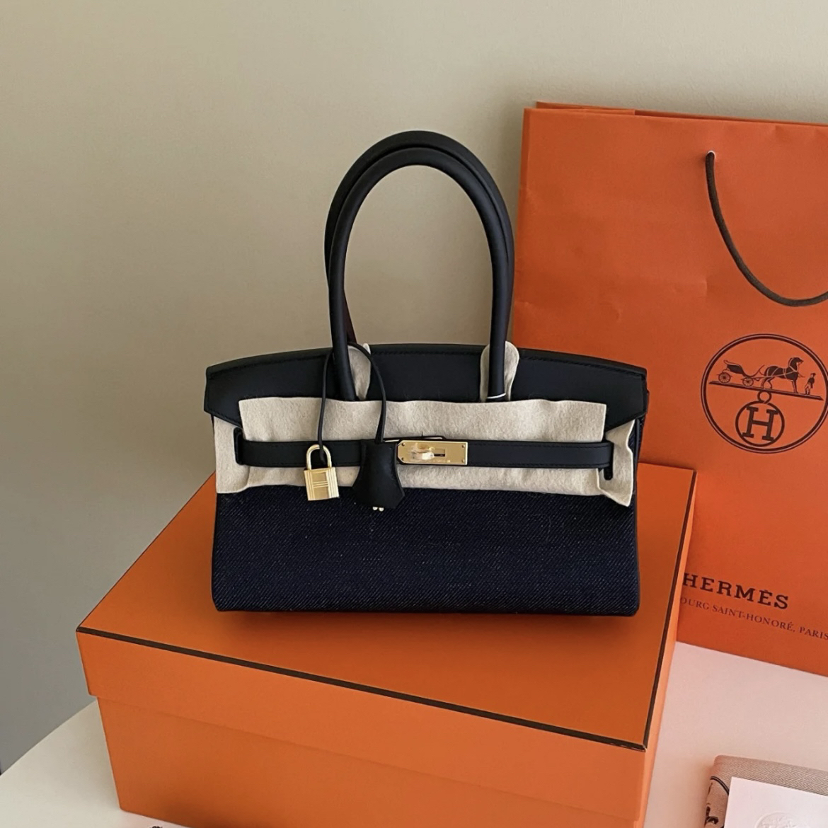 未使用 Hermes/爱马仕 BirkinShoulder29帆布拼皮手提包全新6086