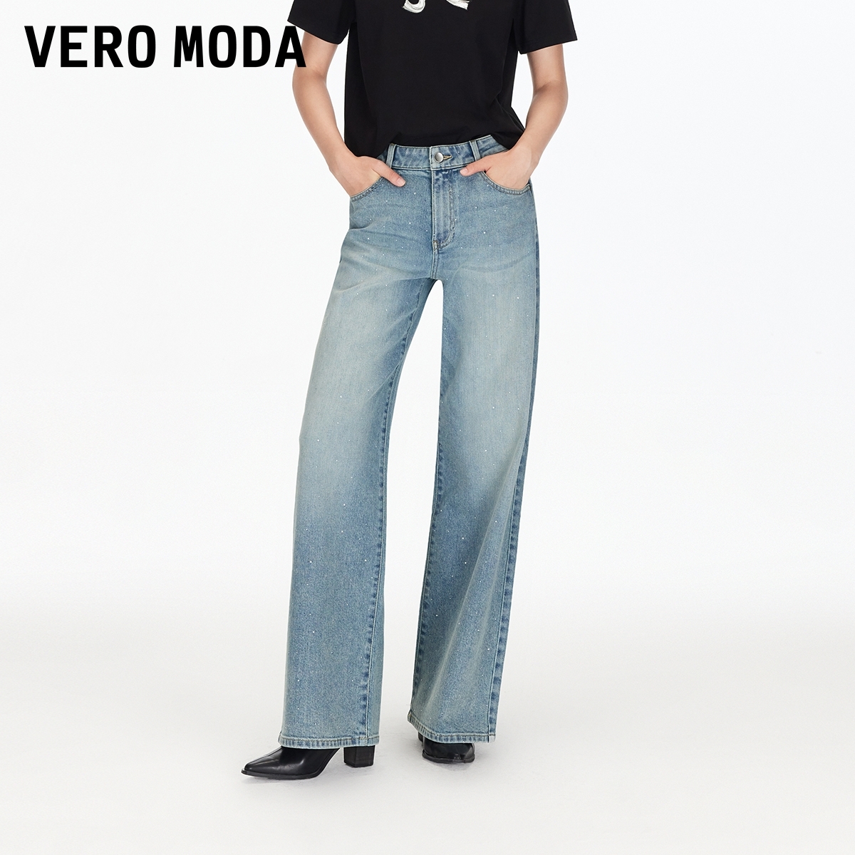 Vero Moda牛仔裤25新款含棉中腰直筒贴钻牛仔裤流光风325332065