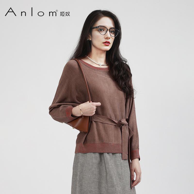 Anlom/娅奴新款桑蚕丝真丝上衣圆领美拉德色文艺上修身系带针织衫