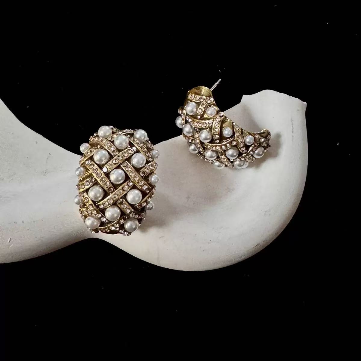 锌合金耳饰 291青岛中古vintage西洋中古饰品做旧金珍珠莱茵石