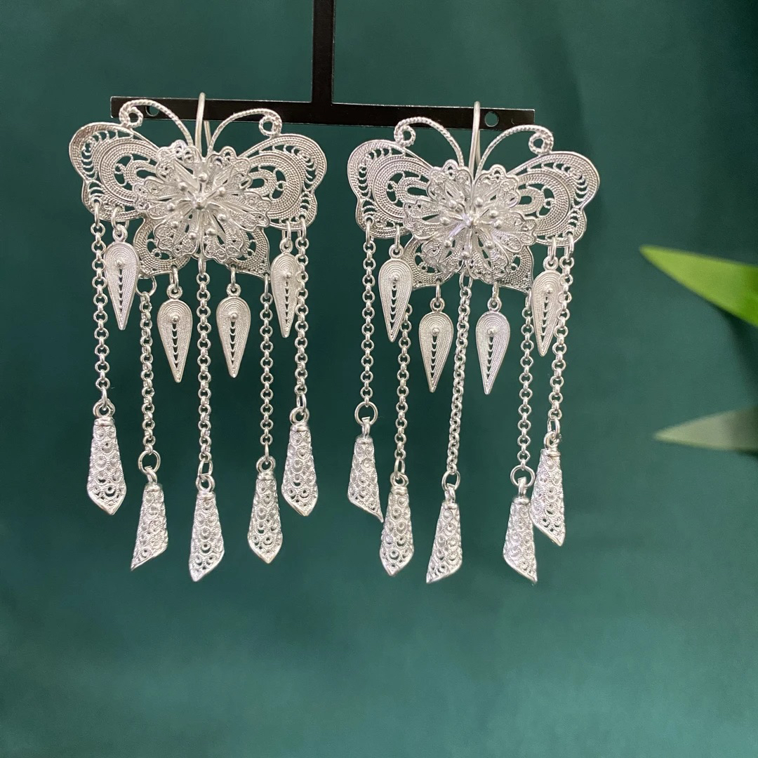 足银耳饰 足银耳饰足银大蝴蝶网红耳环纯手工小鱼干同款耳环