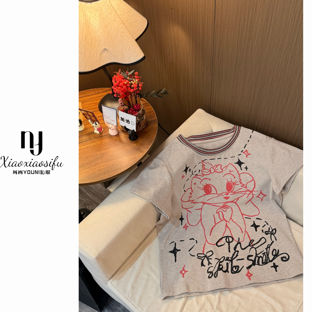 肖肖家·玛丽猫 夏季新款韩系百搭圆领高端t恤