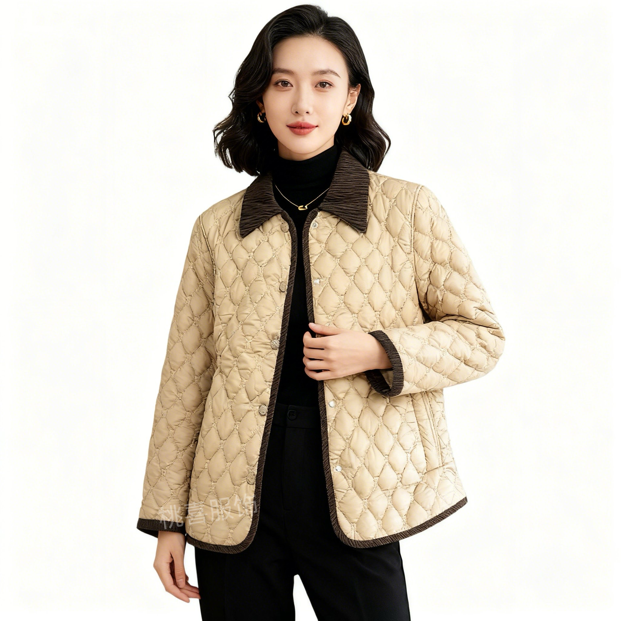 2025秋冬新款棉服薄款外套翻领宽松保暖版妈妈棉服菱格薄袄【001】