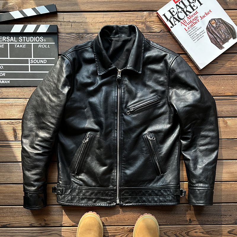 穆赫兰道头层牛皮复古短款机车日系翻领透染牛皮阿美咔叽男皮夹克