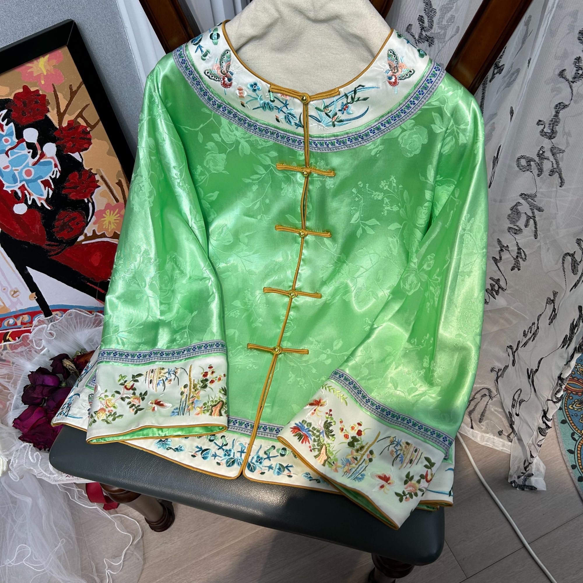 【6502】汉服短款时尚绿色新中式女士复古重工提花