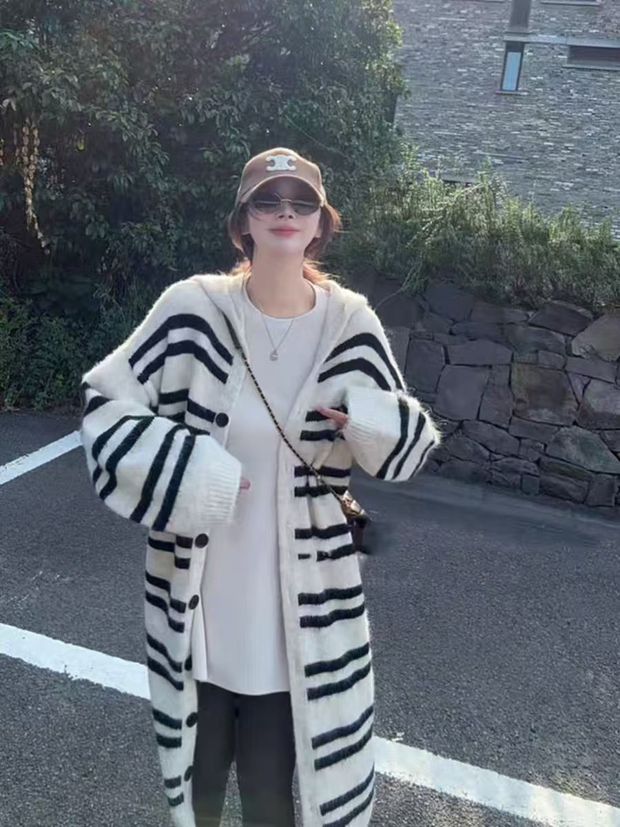 长款毛针织衫条纹毛衣冬季针织衫针织宽松慵懒风撞色