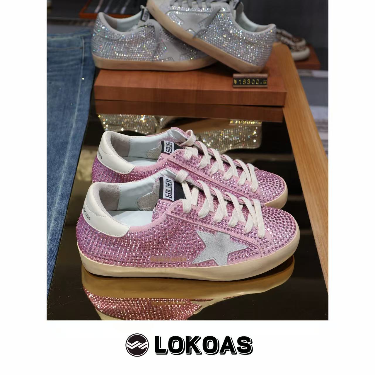 新品 限定粉色钻复古做内增高小脏鞋旧运动休闲星星板鞋手工鞋