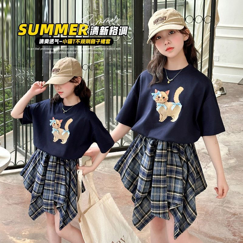 女童短袖套装2025夏季新款女孩时髦短袖洋气不规则两件套格子裙潮
