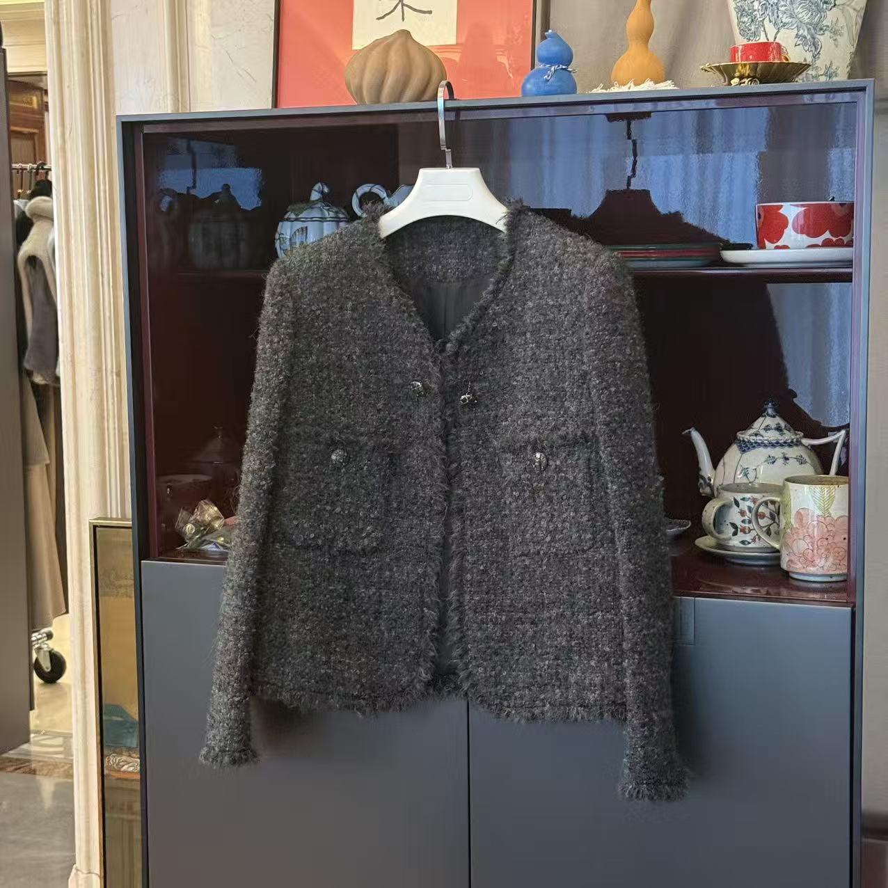 《圈圈流苏》 MYL 2025秋冬新品羊毛混纺灰色小香外套V领时尚上衣