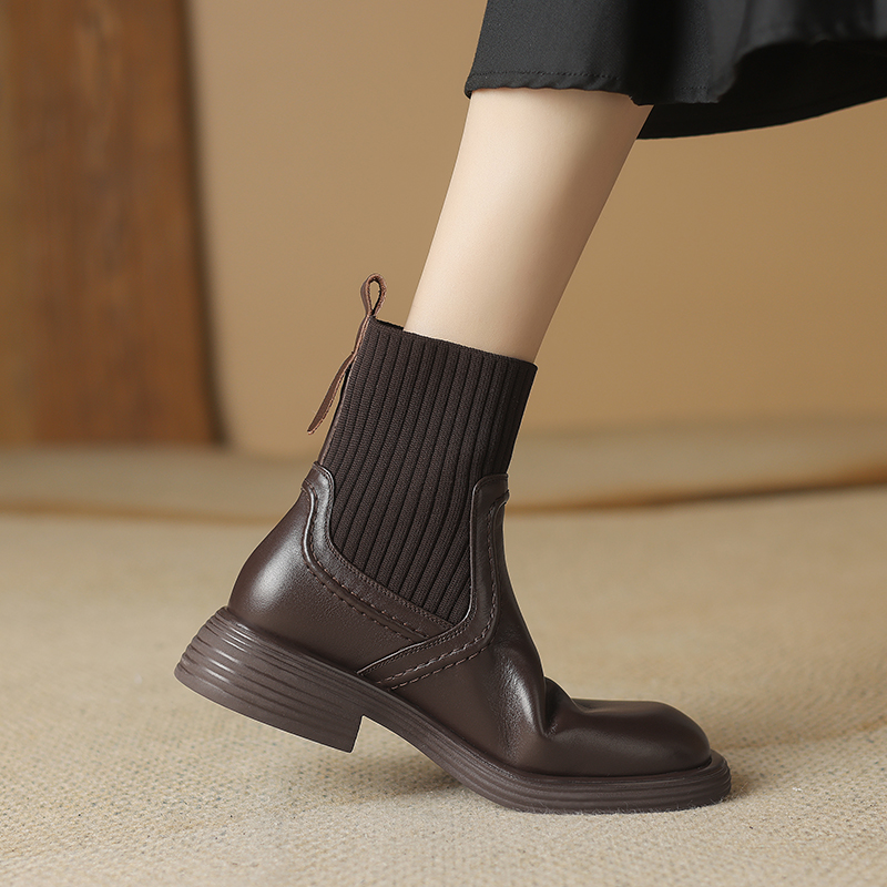 秋冬季新款跟高粗跟针织切尔西靴女中跟气质圆头真皮短靴